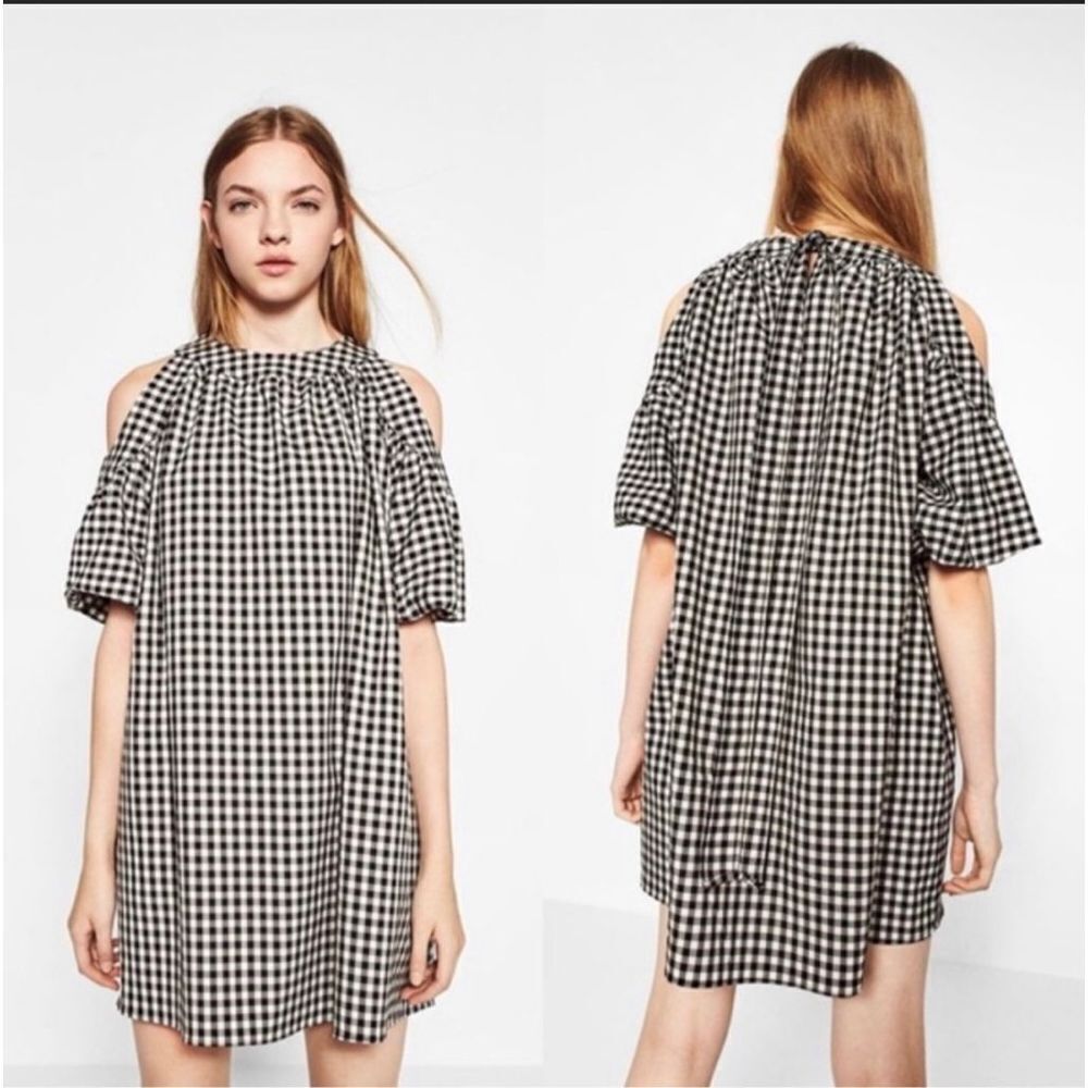 Zara black/white Gingham dress, cold shoulder with puffed short sleeves, tie bac